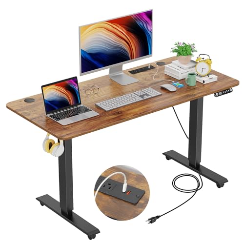 farexon Electric Standing Desk 55 x 24In with Charging Station, Stand up Desk with Oversized Mouse Pad, 2 USB Ports & 3 Power Outlets, 4 Caster, 4 Preset Heights Easy to Set（Brown）