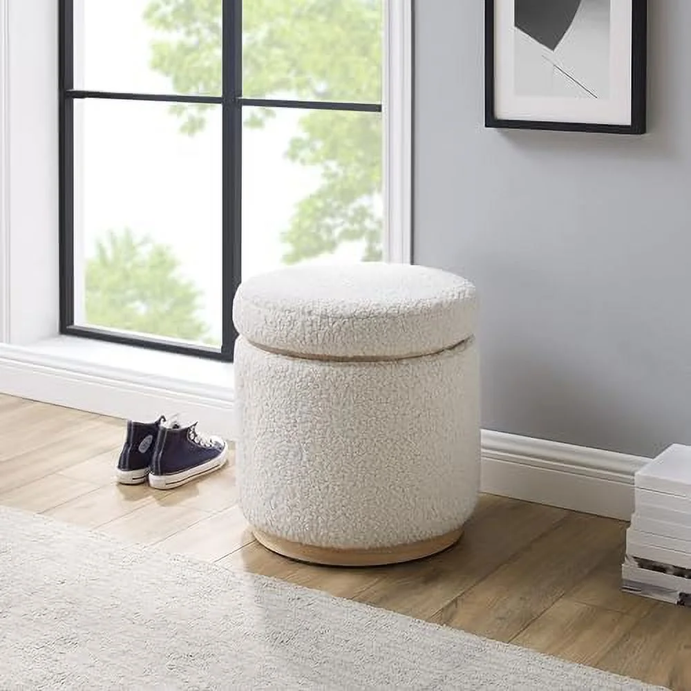 Lexington Natural Sherpa Round  Ottoman with Wood Accent