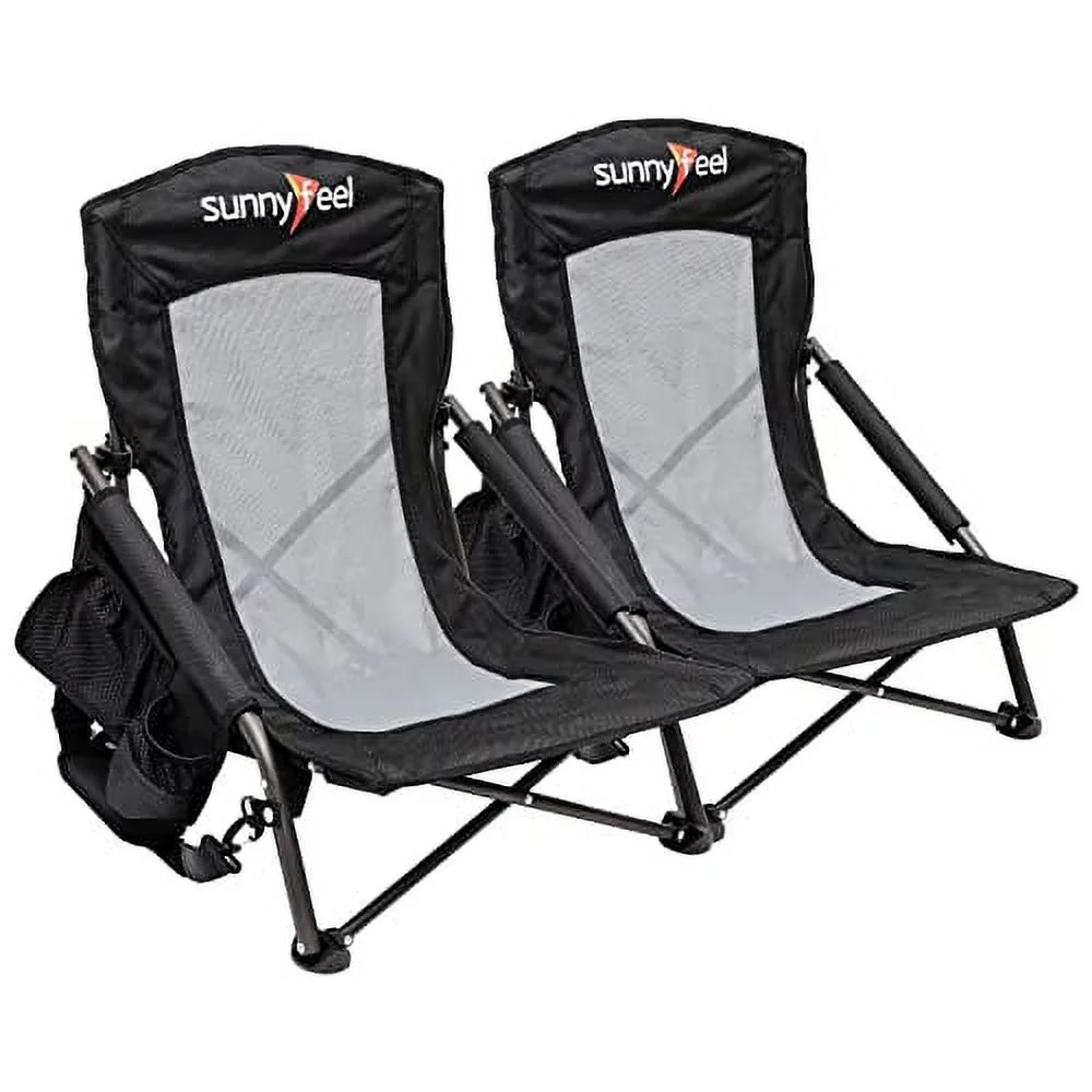 SunnyFeel Low Beach Chair Folding Camping Backpacking Chairs Mesh Back with Sling Strap, Compact & Heavy Duty for Adults (2 Pack Black)