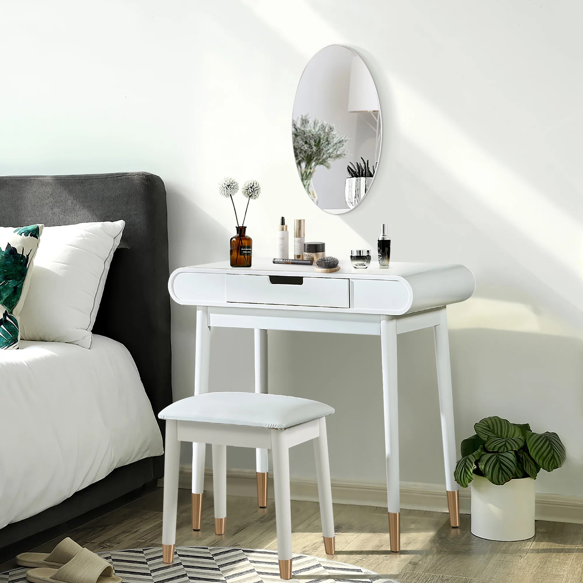 Organizedlife Makeup Vanity Table Set with Wall Mirror,Dressing Table with Stool,White Modern