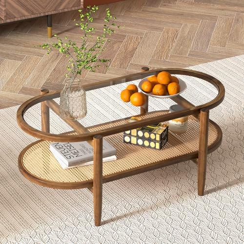 Giantex Rattan Coffee Table, 2-Tier Oval Wood Tea Table with Tempered Glass Tabletop & PE Rattan Storage Shelf, 40