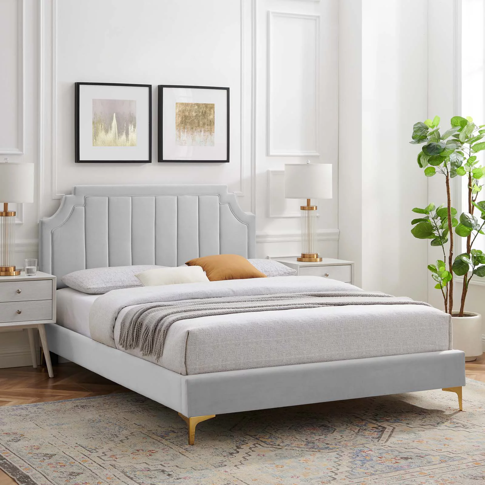 Platform Bed Frame, King Size, Velvet, Light Grey Gray, Modern Contemporary Urban Design, Bedroom Master Guest Suite