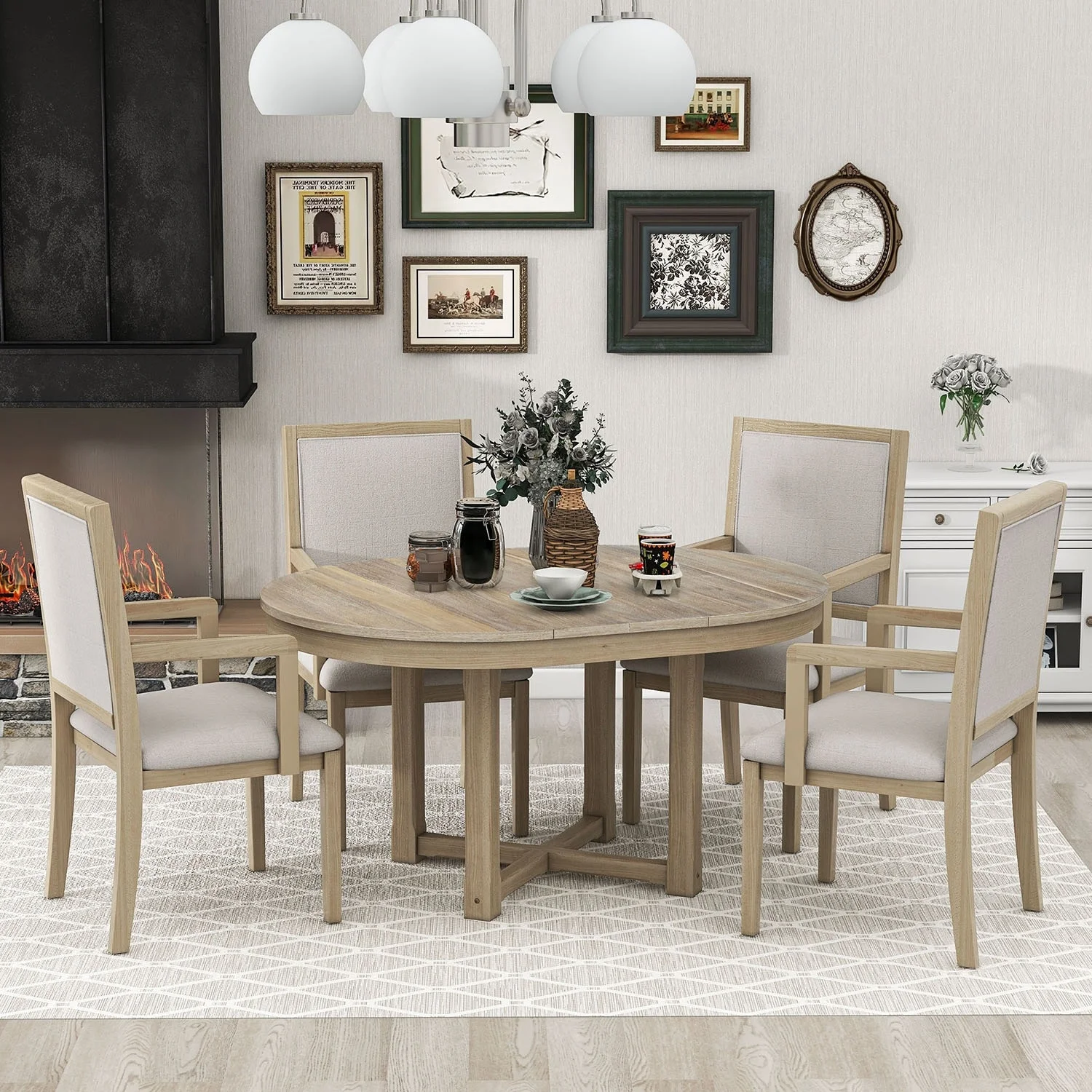 5-Piece Dining Table Set, Extendable Butterfly Leaf Wood Dining Table Natural Wood Wash