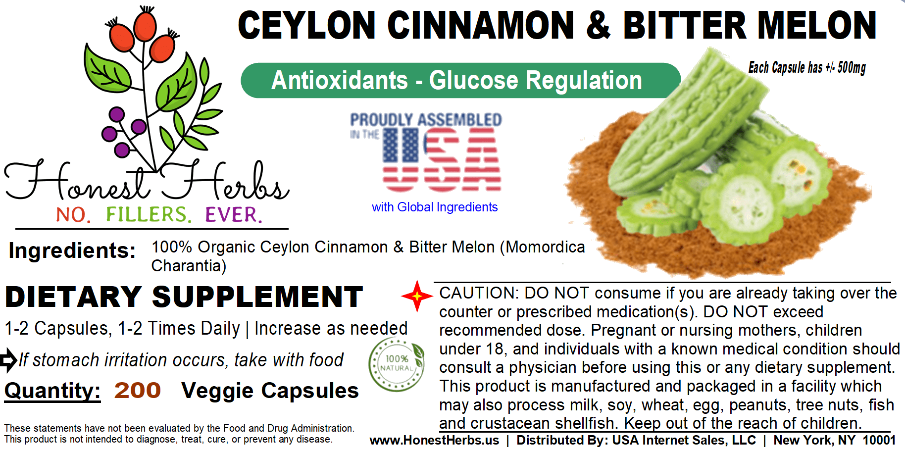 Ceylon Cinnamon & Bitter Melon Blend - Blood [G]lucose Regulation, Vitamin C, Antioxidants, Energy - 200 Veg. Caps