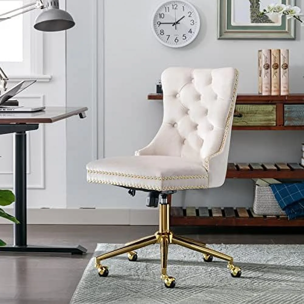 HJZBNONE Chair with Wheels  Armless Home Office Desk Chairs with Button Back and Golden Metal Base  Adjustable Swivel Task Computer Vanity Chair for Living Room  Small Space  Beige