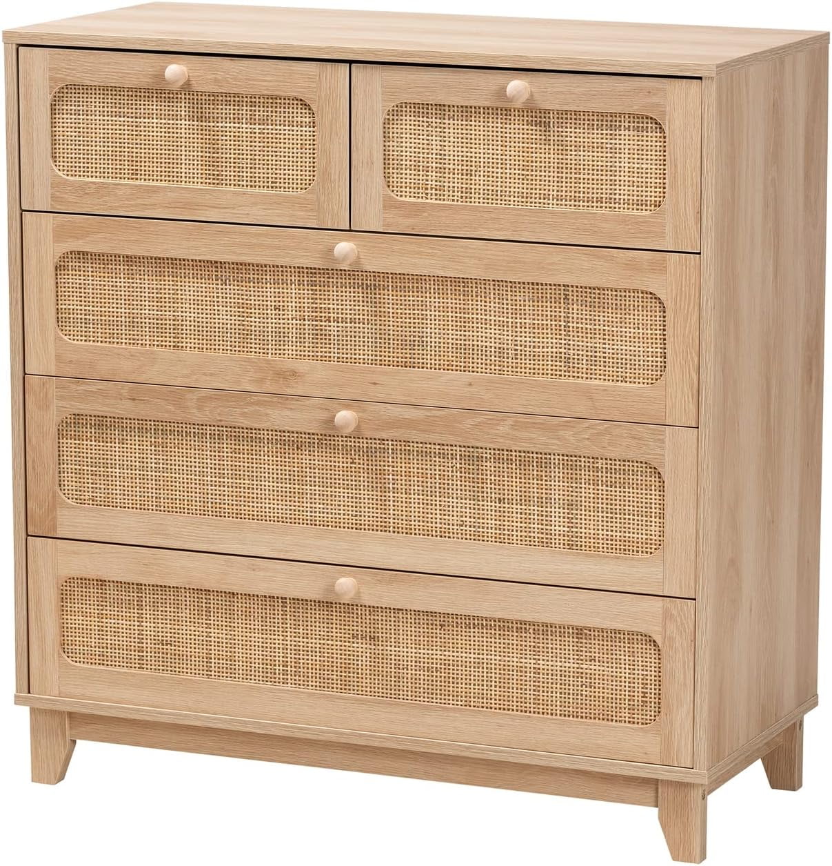 NLIBOOMLife Elsbeth Oak Brown Wood and Natural Rattan 5-Drawer  Cabinet