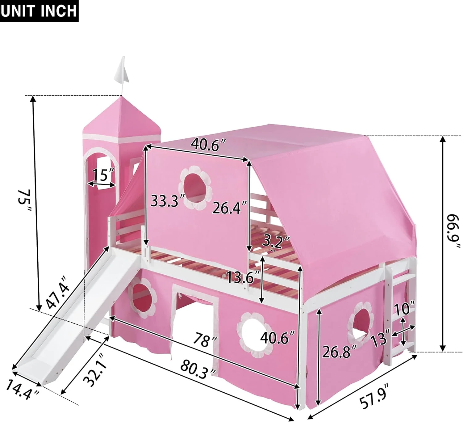 Full Size Low Lof Bed Wih Slide & Curais Ad ower, Solid Wood Lof Bed Frame Wih e, Full Floor Buk Bed For Kids Girls Boys (), HJH-L772AAH