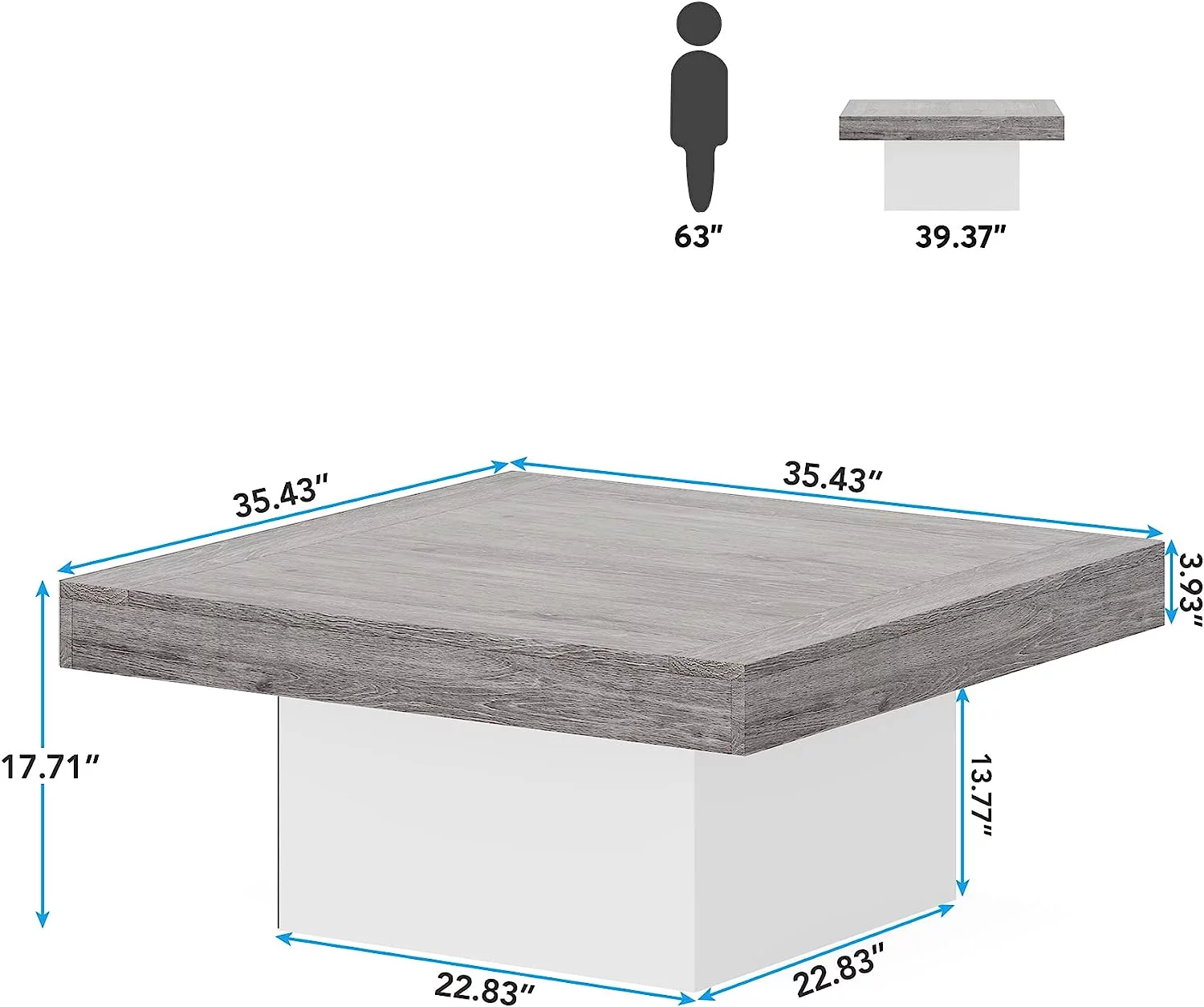 Tribesigns Square LED Coffee Table Grey and White Coffee Table Engineered Wood Coffee Table for Living Room Rustic Gray & White Low Coffee Table