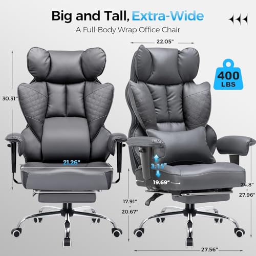COMHOMA Big and Tall Office Chair 400LBS Wide Ergonomic Gaming Chair with Deluxe Embossing Leather with Foot Rest 150°Reclining Adjustable Armrests Pocket Spring Back Support and Without Pillow