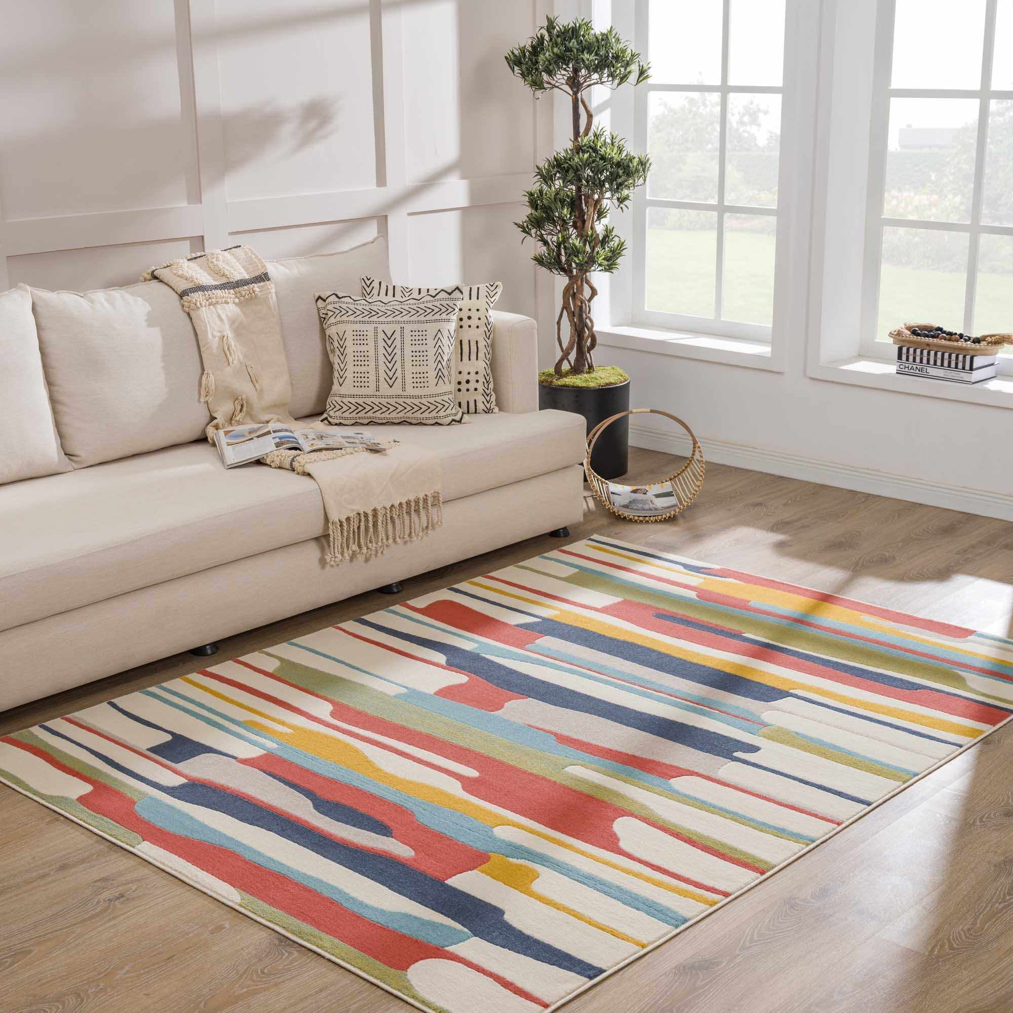 Southfields Modern Farmhouse Contemporary Living Room Bedroom Kids Room Multicolor Area Rug - Colorful Rainbow Striped Modern Rug Carpet - Red, Yellow, Blue, Green - 7'10