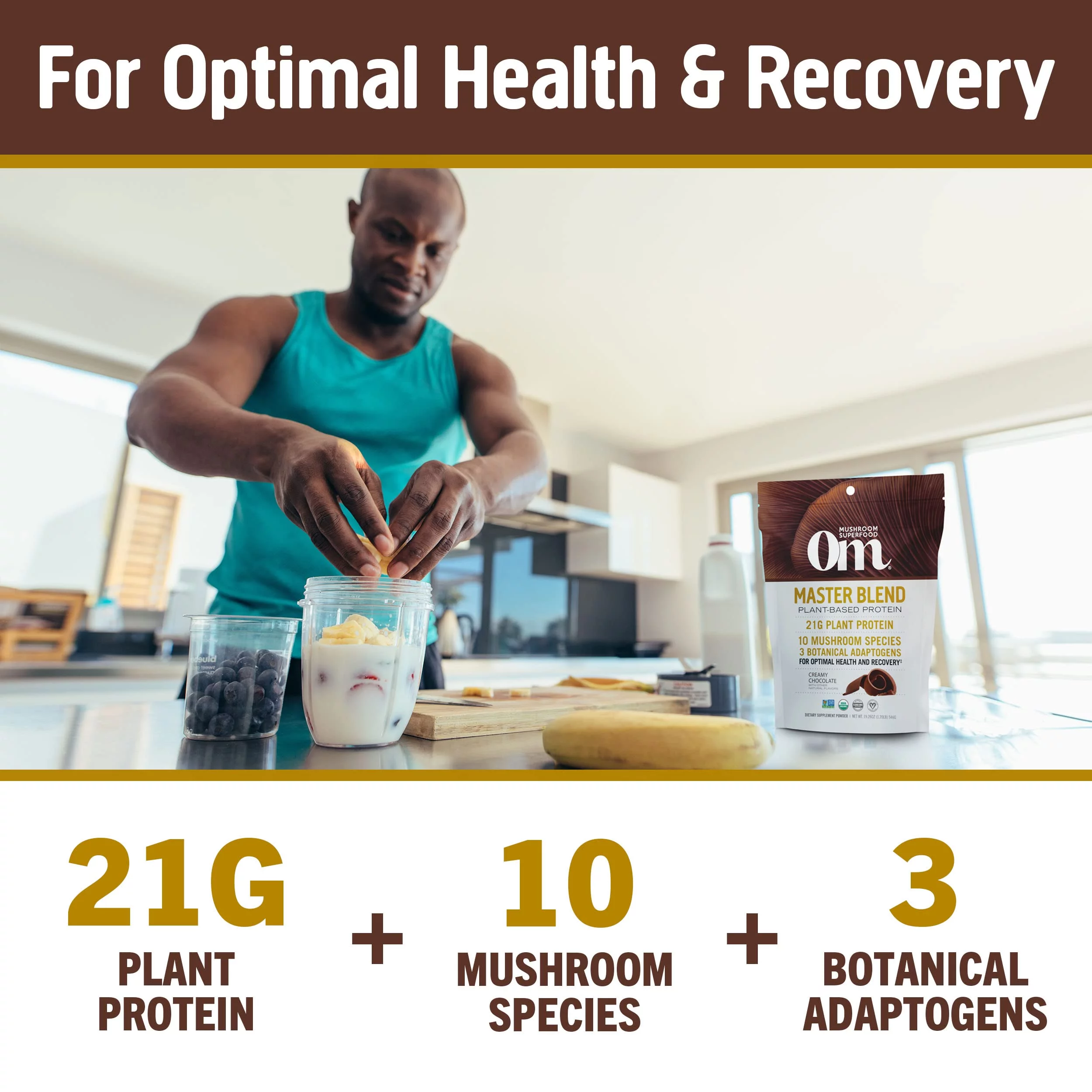 Om Mushroom Superfood Master Blend Plant-Based Protein Powder, 19.26 Ounce, 14 Servings, Creamy Chocolate Protein with 10 Mushroom Complex, Lions Mane, Adaptogens for Optimal Health and Recovery