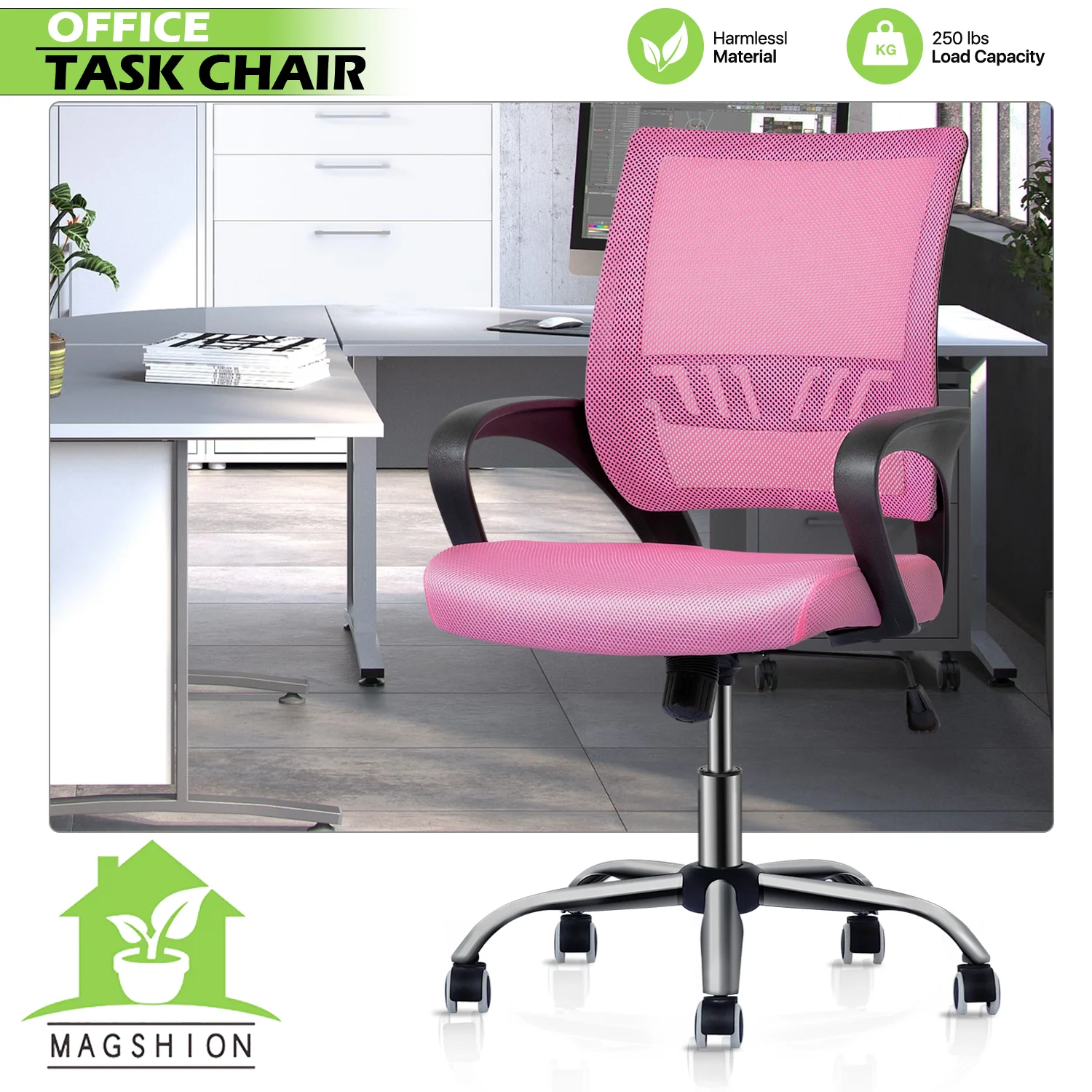 Magshion Adjustable Mid Back Computer Office Chair Mesh Swivel Desk Seat with Armrests, Pink