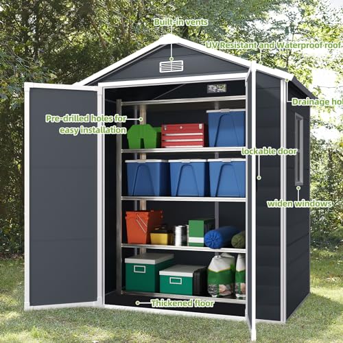 Outdoor Storage Shed 6x4.4FT, Resin Shed Plastic with Floor for Garden Tool,Waterproof Outdoor Resin Storage,Lockable Doors for Patio,Yard,Lawn (LightGray 6x4)