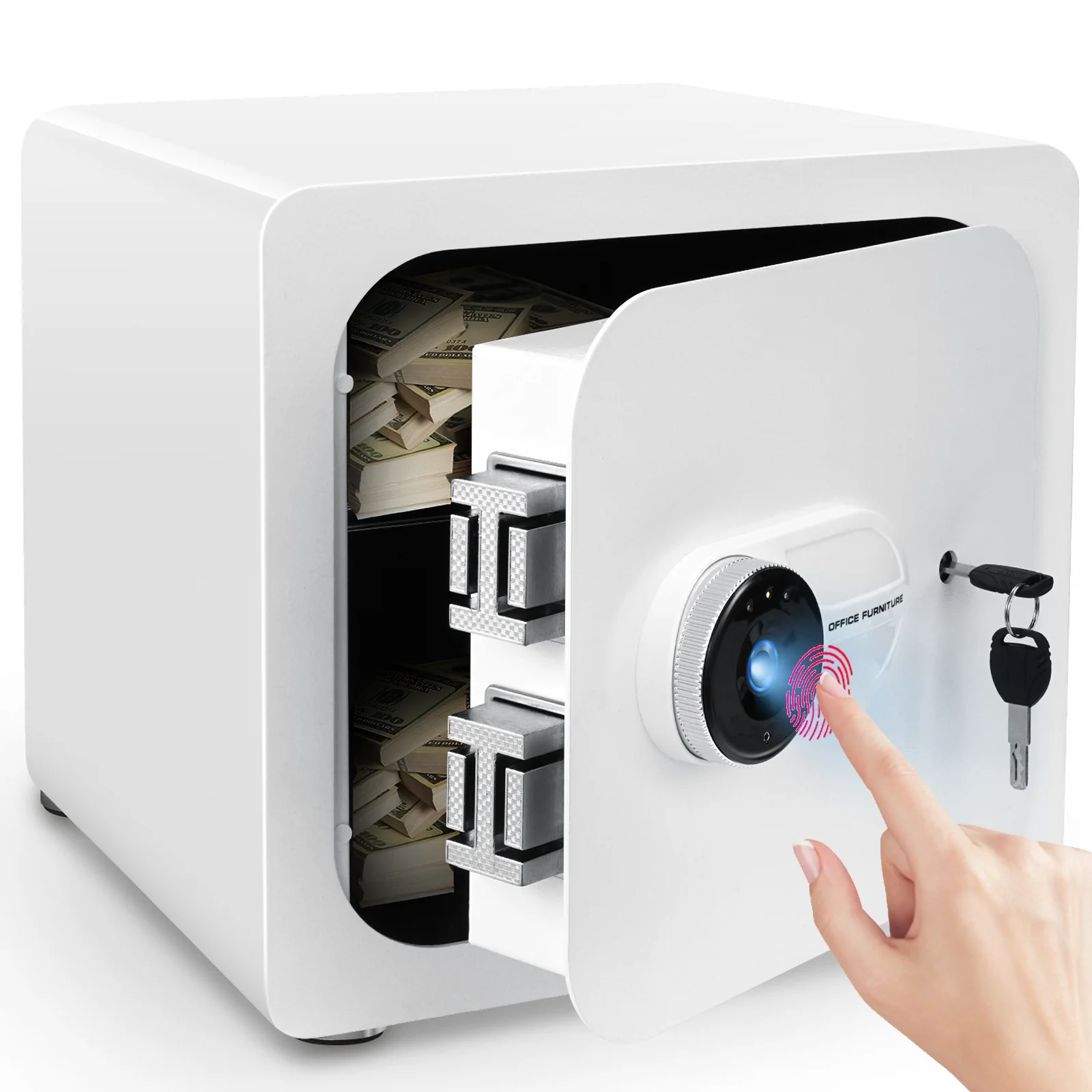 1.8 Cub Safe Box for Valuables, Home Security Box with FINGERPRINT and Removable Shelf, White