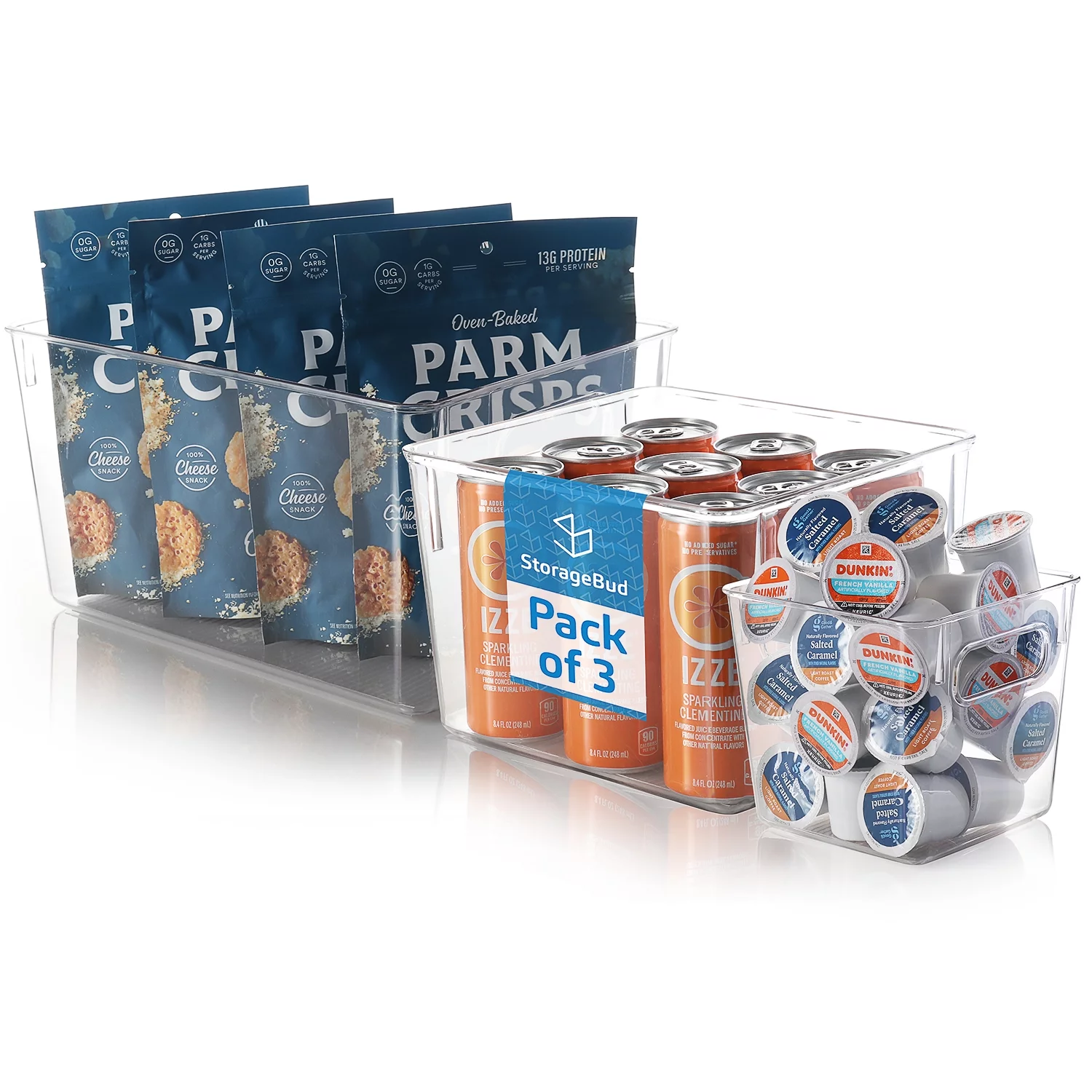 EatEx 3 Pack Clear Plastic Food Storage Bins with Handles, Kitchen Pantry, Refrigerator, Cabinet Organizers for Dried Goods, Fruit, Pasta, or Snacks, Clear BPA Free Containers