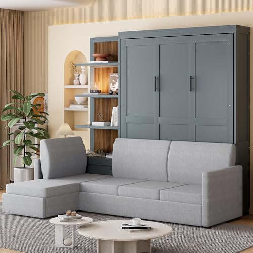 HABITRIO Queen Size Murphy Bed, Wooden Queen Murphy Bed Frame with Shelves, Wall Bed with L-Shape Sofa, Gray