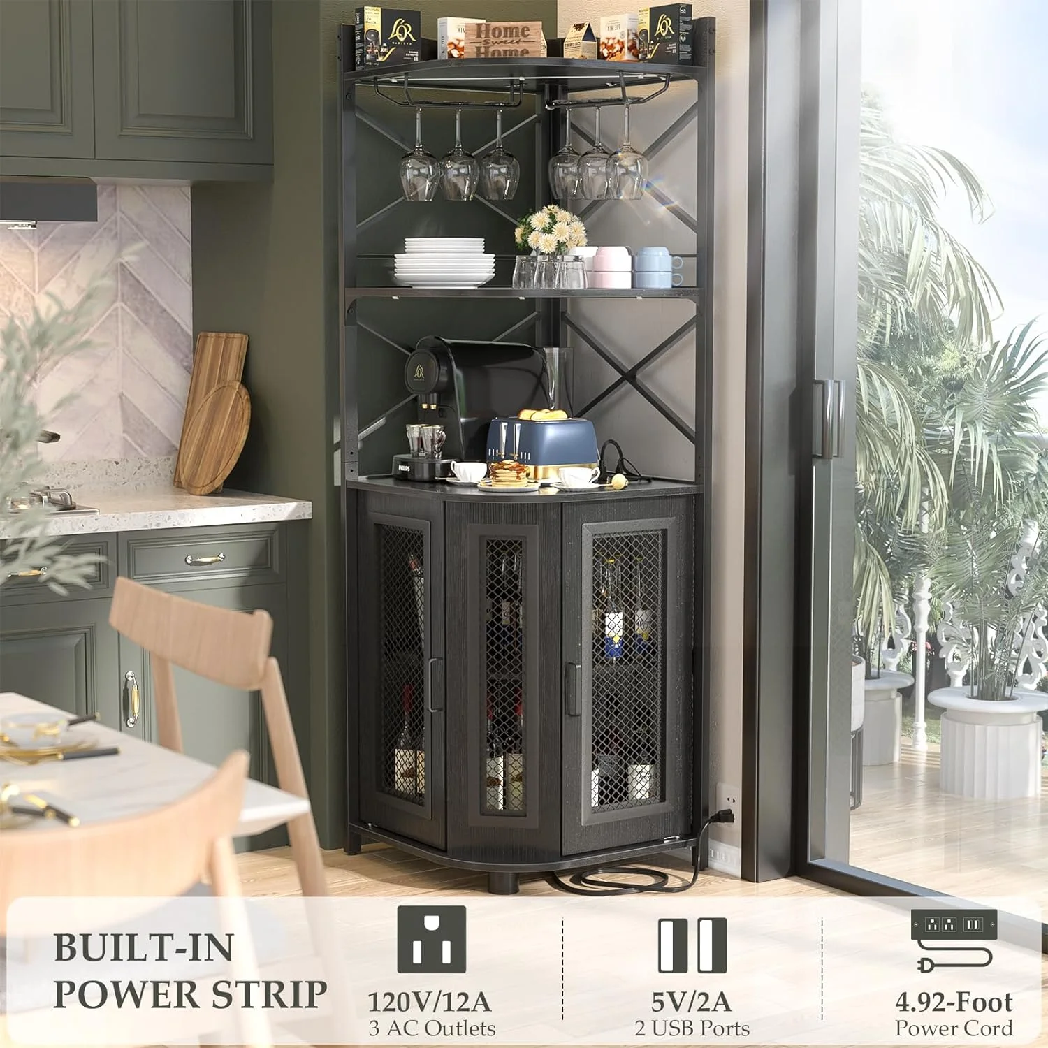 Homieasy Corner Bar Cabinet with Power Outlet, Industrial Wine Cabinet with LED Strip and Glass Holder, 5-Tiers Liquor Cabinet Bar Unit for Home, Corner Display Cabinet for Small Space, Black