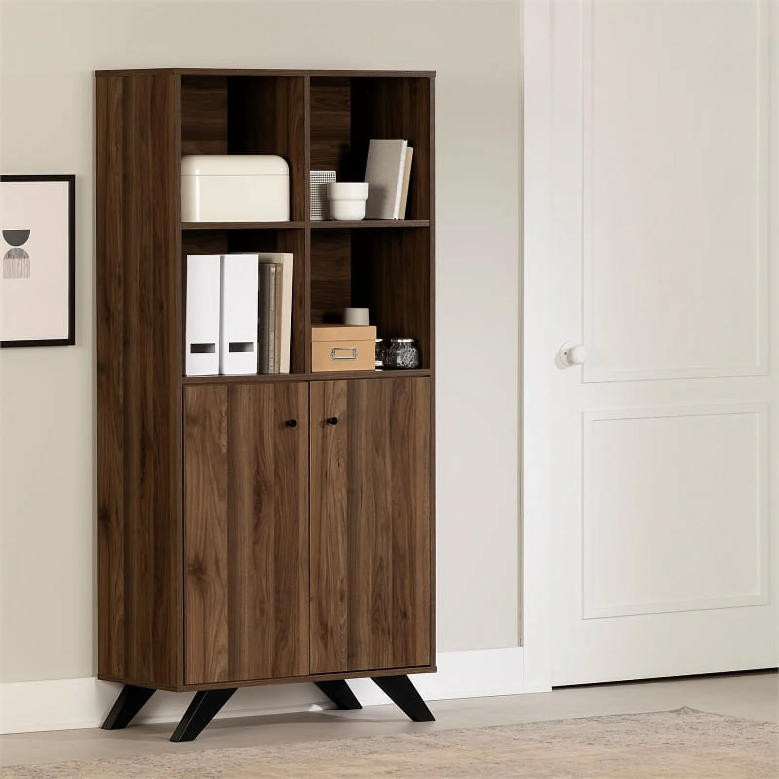 Pemberly Row Contemporary Bookcase with Doors Natural Walnut