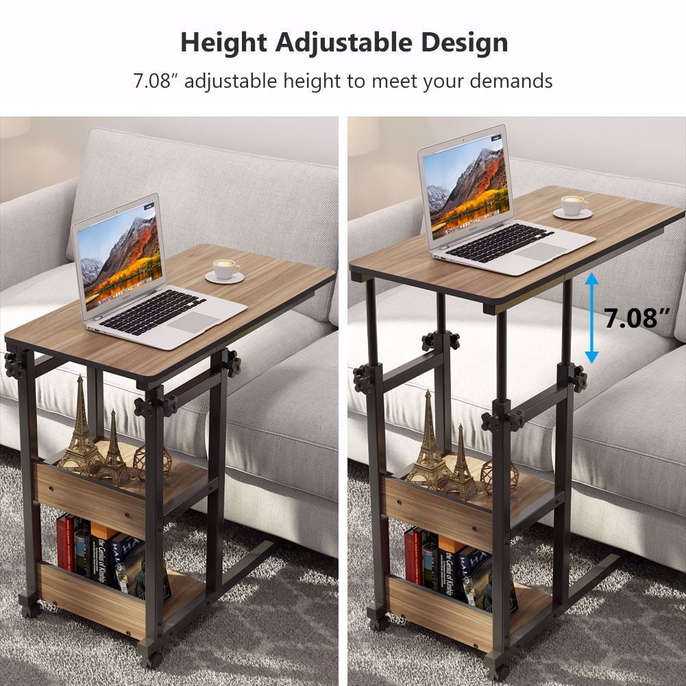 TribeSigns Overbed Bedside C Table Small Computer Desk Sofa Table with Storage Shelves, Mobile Couch Table Tray Snack TV Laptop Table with Wheels