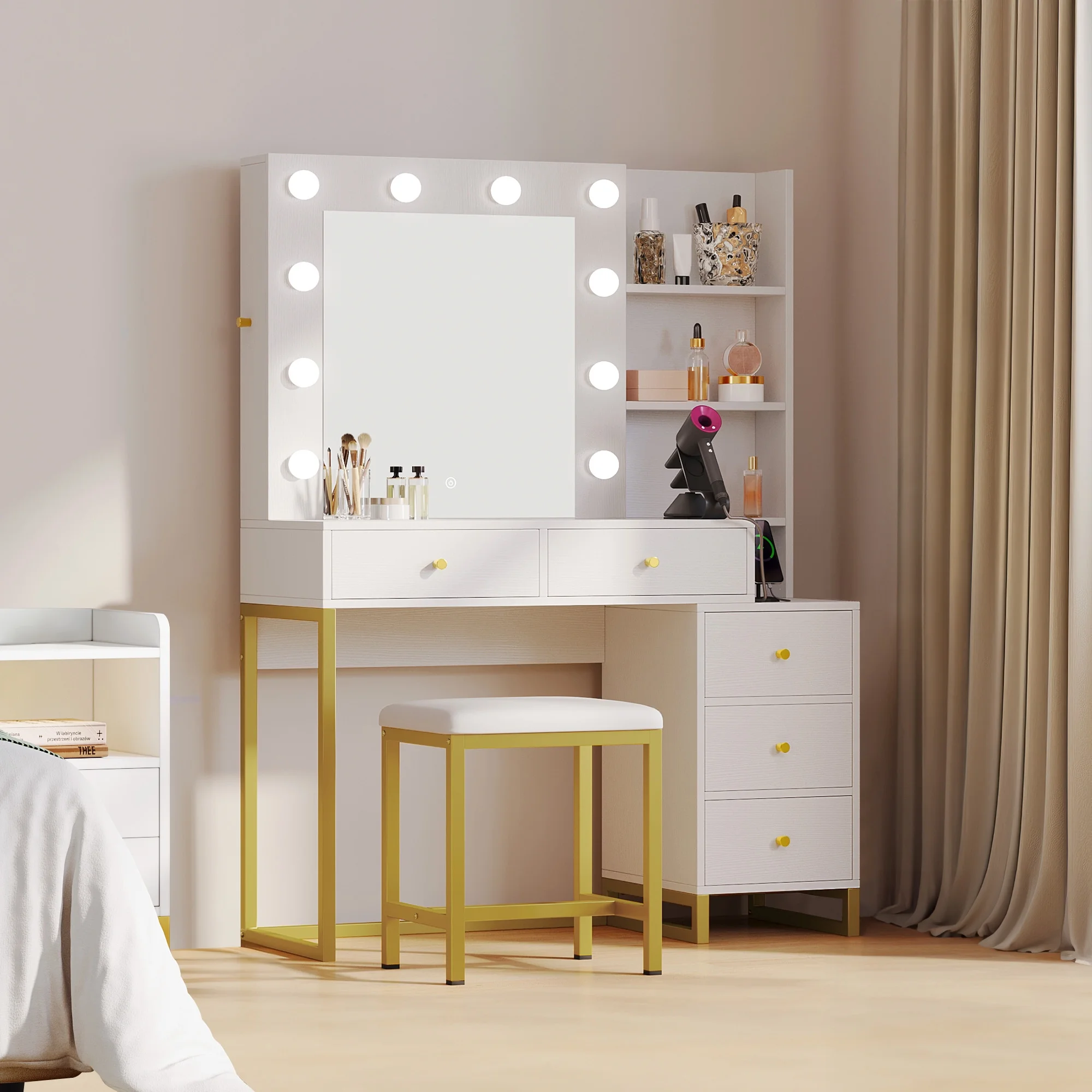 DWVO Vanity Table Set with 3 Color Lighted Mirror & Stool,Dressing Table with Sliding cabinet & Charging Station , Makeup Table with Storage Shelves & Drawers, Modern Vanity Desk for Bedroom, White