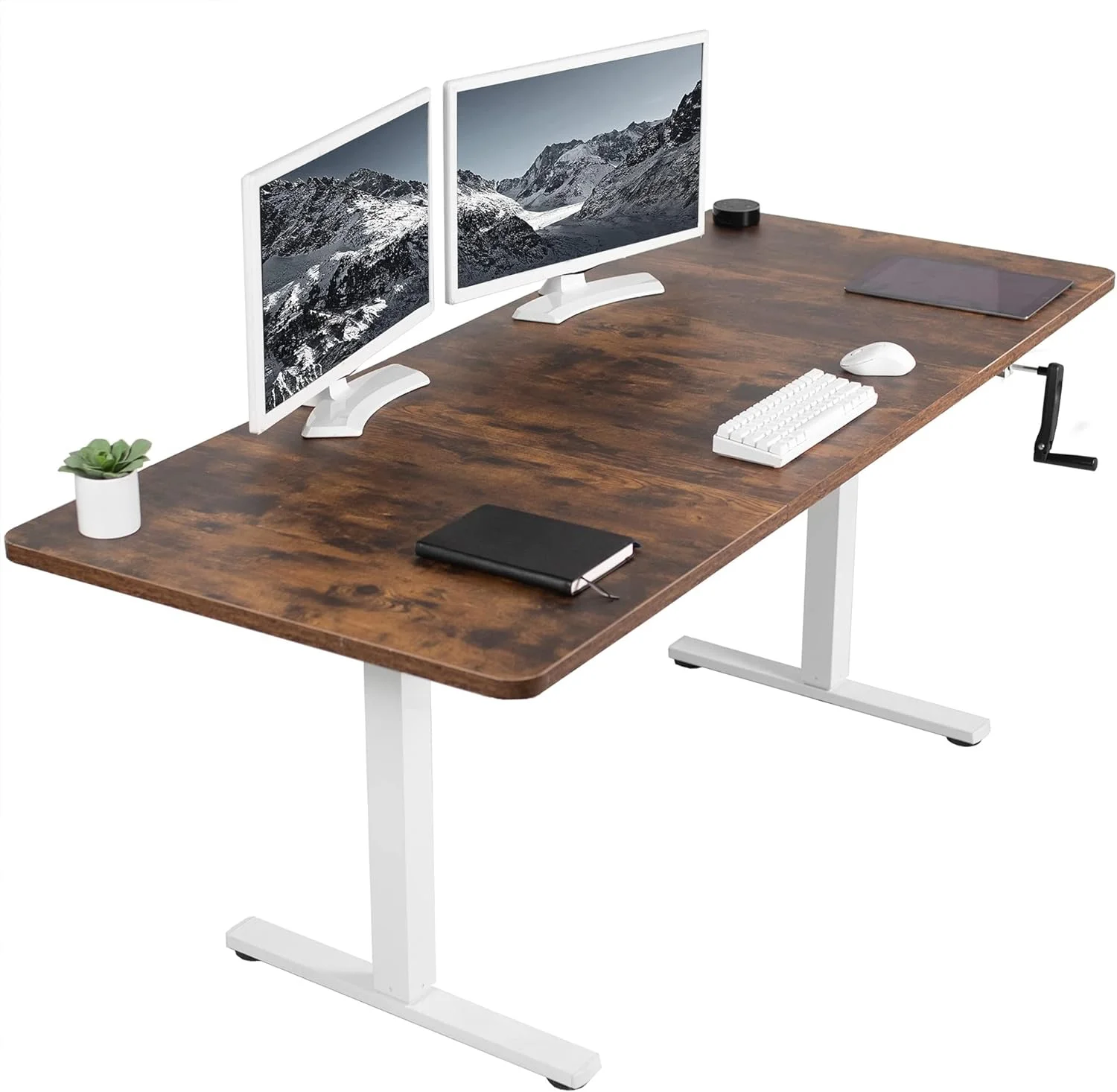 Manual Height Adjustable 71 X 30 Inch Stand Up Desk, Rustic Vintage Brown Table Top, White Frame, Standing Workstation With Foldable Handle, DESK-KIT-MW7N