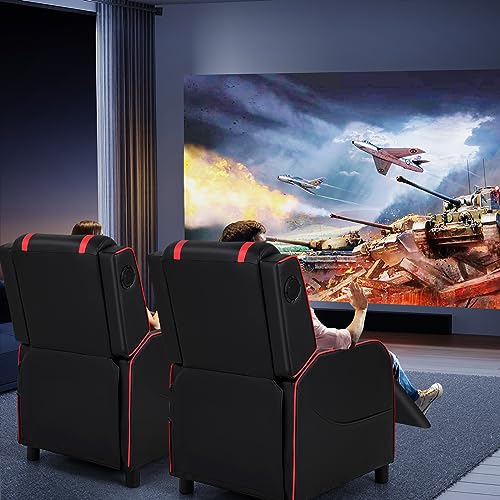 GYMAX Gaming Recliner, Massage Gaming Chair with Bluetooth Speaker, Adjustable Footrest & Lumbar Support, Single Ergonomic Gaming Sofa, Video Gaming Chair for Adults, Home Theatre (Red)