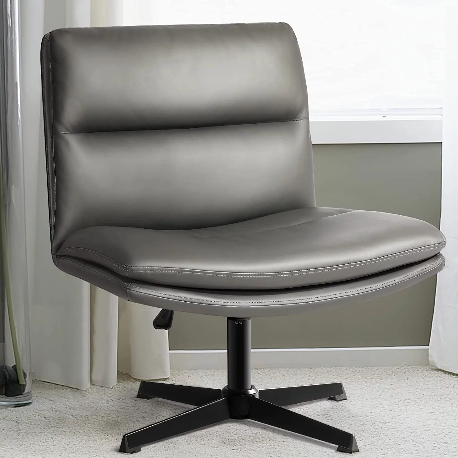 PU Leather Padded Desk Chair No Wheels, Armless Wide Swivel Home Office Desk Chair,120°Rocking Mid Back Ergonomic Computer Task Vanity Chair for Home Office, Make Up,Small Space,Grey