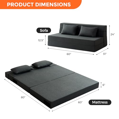 Folding Sofa Bed - Convertible Sleeper Chair with Pillow, Folding Chair Bed, Foam Floor Mattress, Futon Couch, Lazy Sofa for Living Room/Dorm/Guest Room/Home Office,Single，Gray