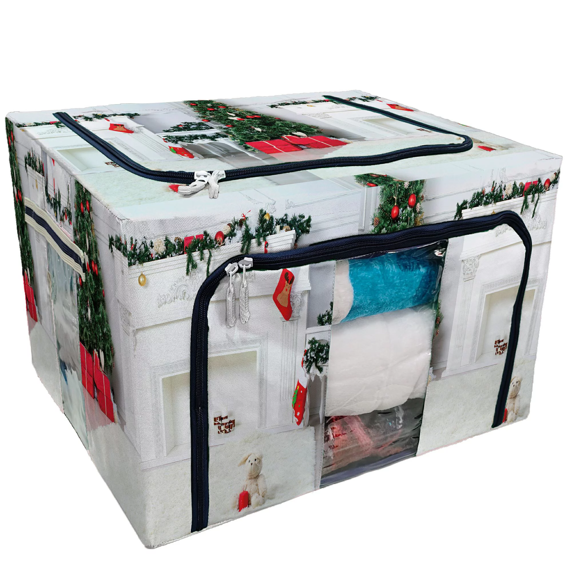 ABPHQTO Christmas Socks Fireplace Tree Shallow Storage Bag Clear Window Storage Bins Boxes Large Capacity Foldable Stackable Organizer With Steel Metal Frame For Bedding,Clothes,Closets, Bedrooms