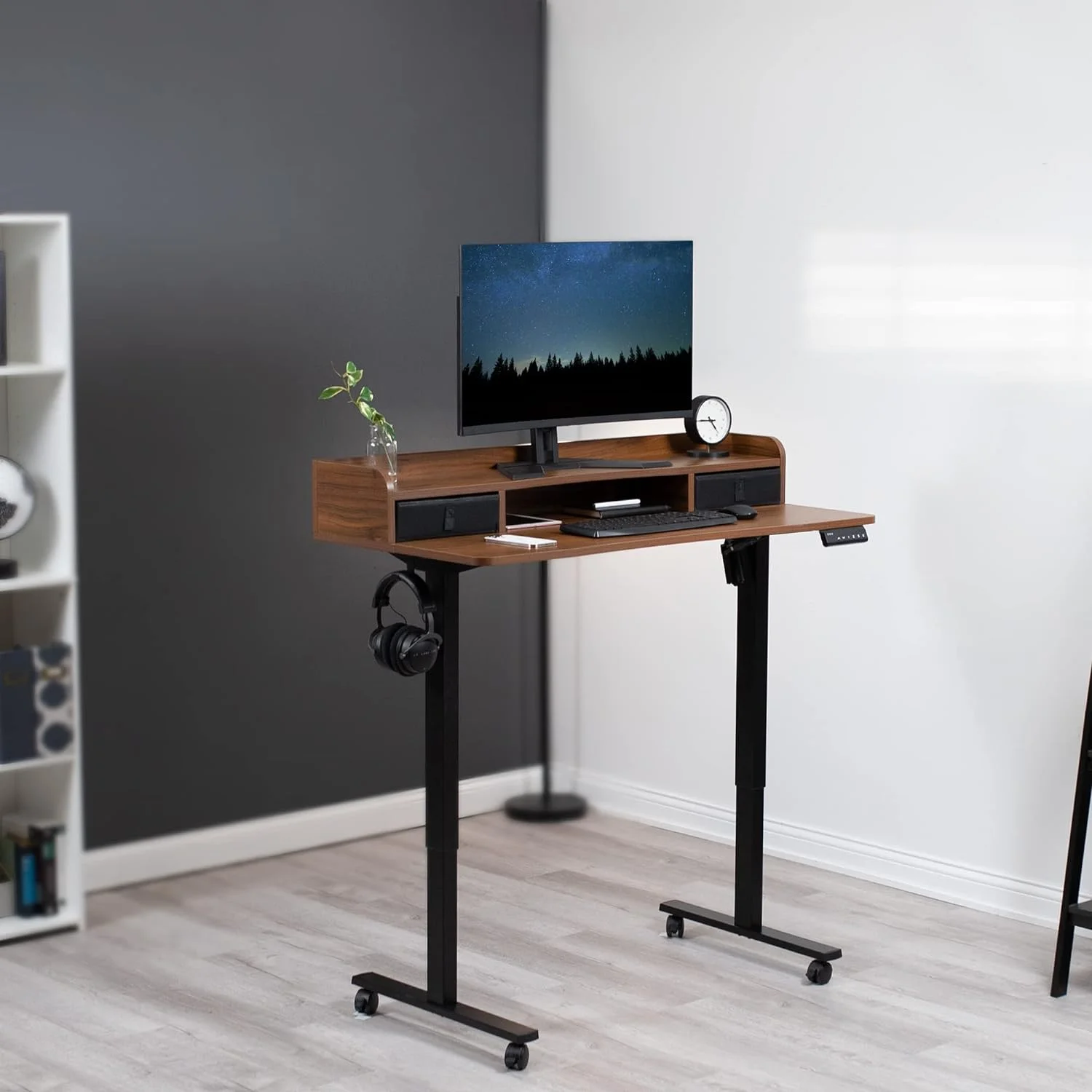 Electric 2-Tier Height Adjustable X 24 Inch Stand Up Desk, Mobile Table With Storage Drawers, Standing Workstation With Memory Controller, Casters, Dark Walnut Top, Black Frame, DESK-E-YSD