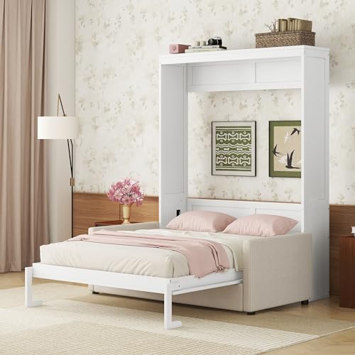 Linique Queen Size Murphy Bed with Sofa and Top Shelf, Horizontal Wall Bed, Versatile Convertible Wooden Bed Frame White, 93.3