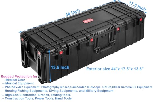 Waterproof Rolling Case 44 x 17.5 x 13.5 Inch, with Foam/Wheels/ 3 Large Handles for Camera, Tool, Equipment, Crushproof, Lockable, Transport Roller Hard Case, Inner 40.4