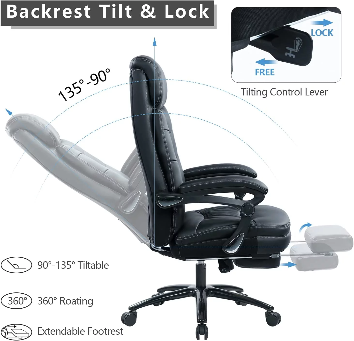 Managerial and Executive Chair with Foot Rest, 400lbs Big and Tall Office Chair with Reclining Function,Office Chair for Heavy People,Oversized Office Chair Home Office Chair
