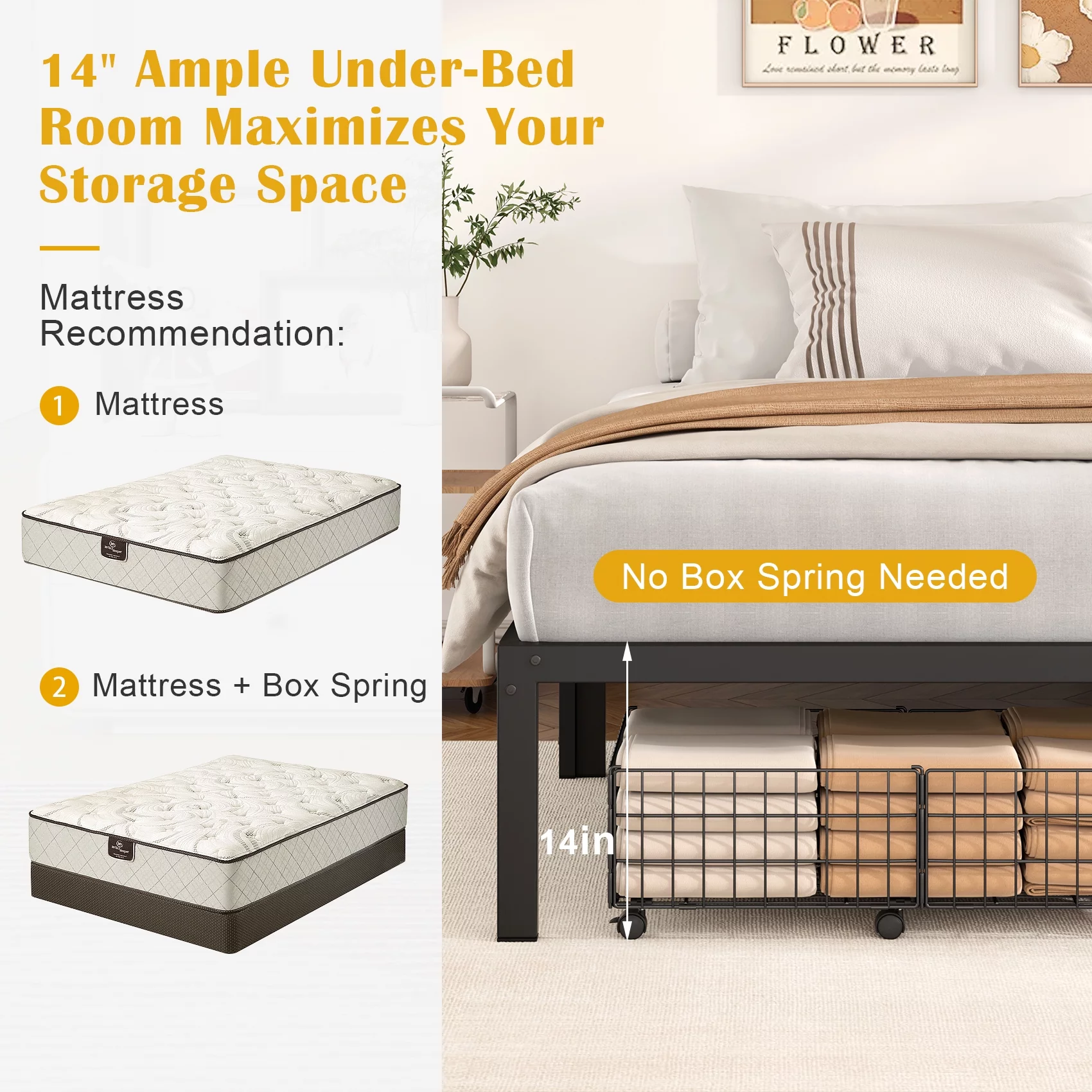 Mr IRONSTONE Heavy Duty Twin Size Metal Platform Bed Frame, No Box Spring Needed for Use with Mattress, Adult Kids Twin Size Bed with 14 inch Under Bed Storage Space, Black