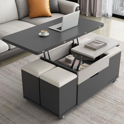 Lift Top Coffee Table with 4 Stools & Hidden Compartment and Storage Shelf, Rising Tabletop Dining Table for Living Room, Farmhouse Extenable Coffee Table,47.24in L,Rustic Brown &Grey