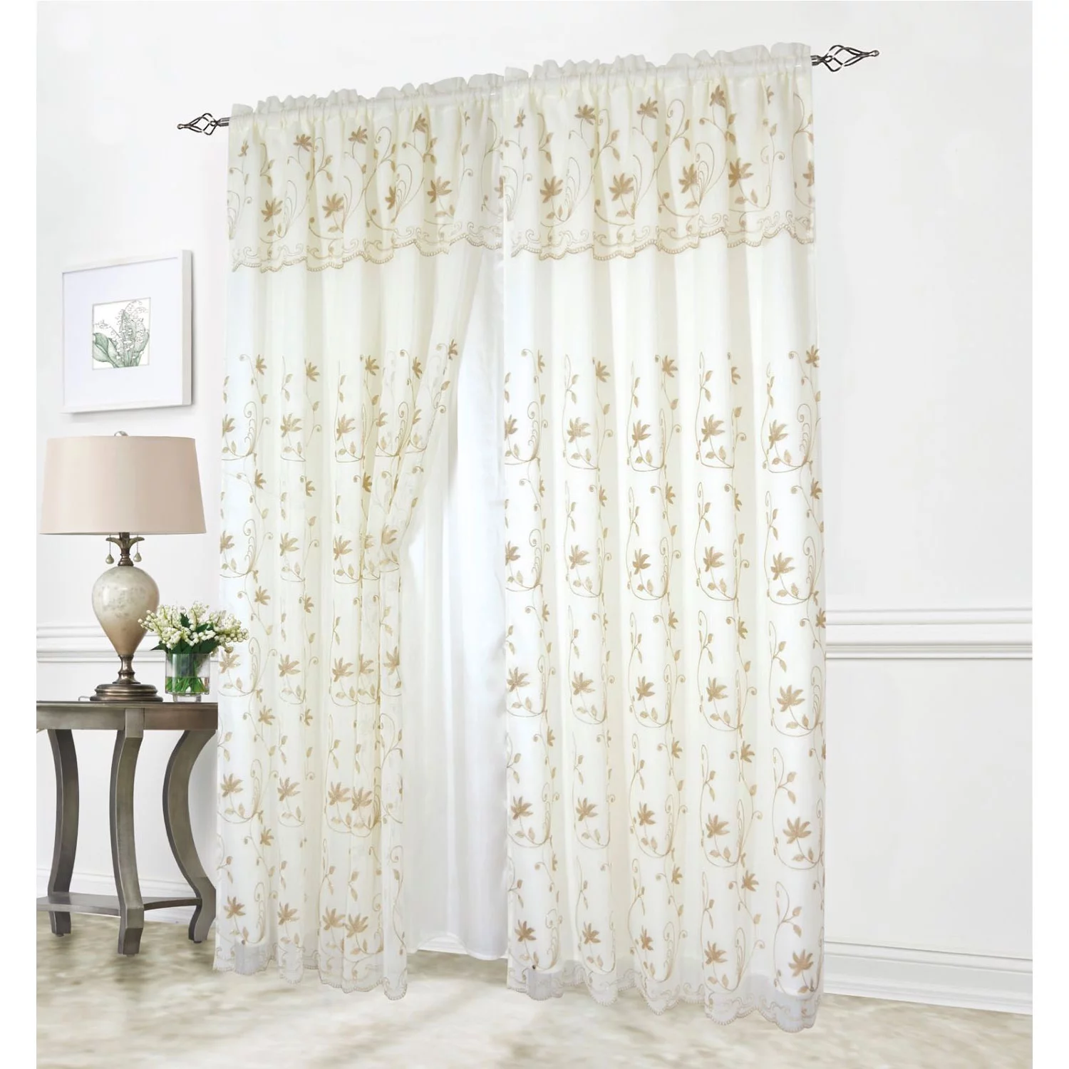 Liliana Floral Embroidered Rod Pocket Window Panel With Valance and Backing, Beige/Taupe, 54x90 Inches