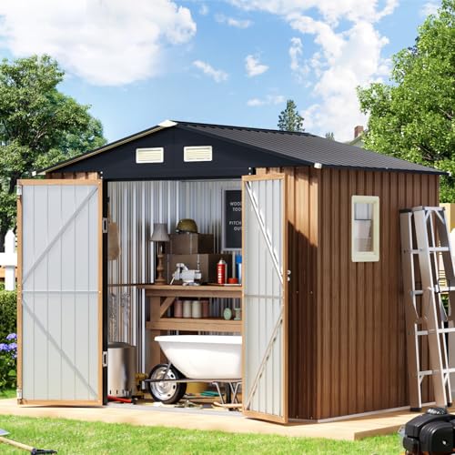 5X3X6.1FT Garden Storage Shed with Lockable Door,Steel Tool Shed with Sloping Roof,Anti-Corrosion Metal Shed for Backyard Patio Lawn (Light Wood Grain)