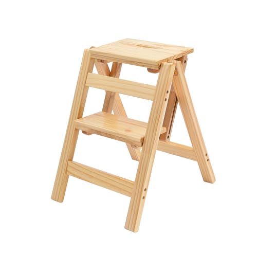 Step Stool Foldable, Folding Wooden Step Ladder, Multi-Use As Counter Chair/Kitchen Cabinet Stool Ladder/Closet Stool etc. Scientific Stable Structure, Helpful Step Stool for Home (2Step-Nature)