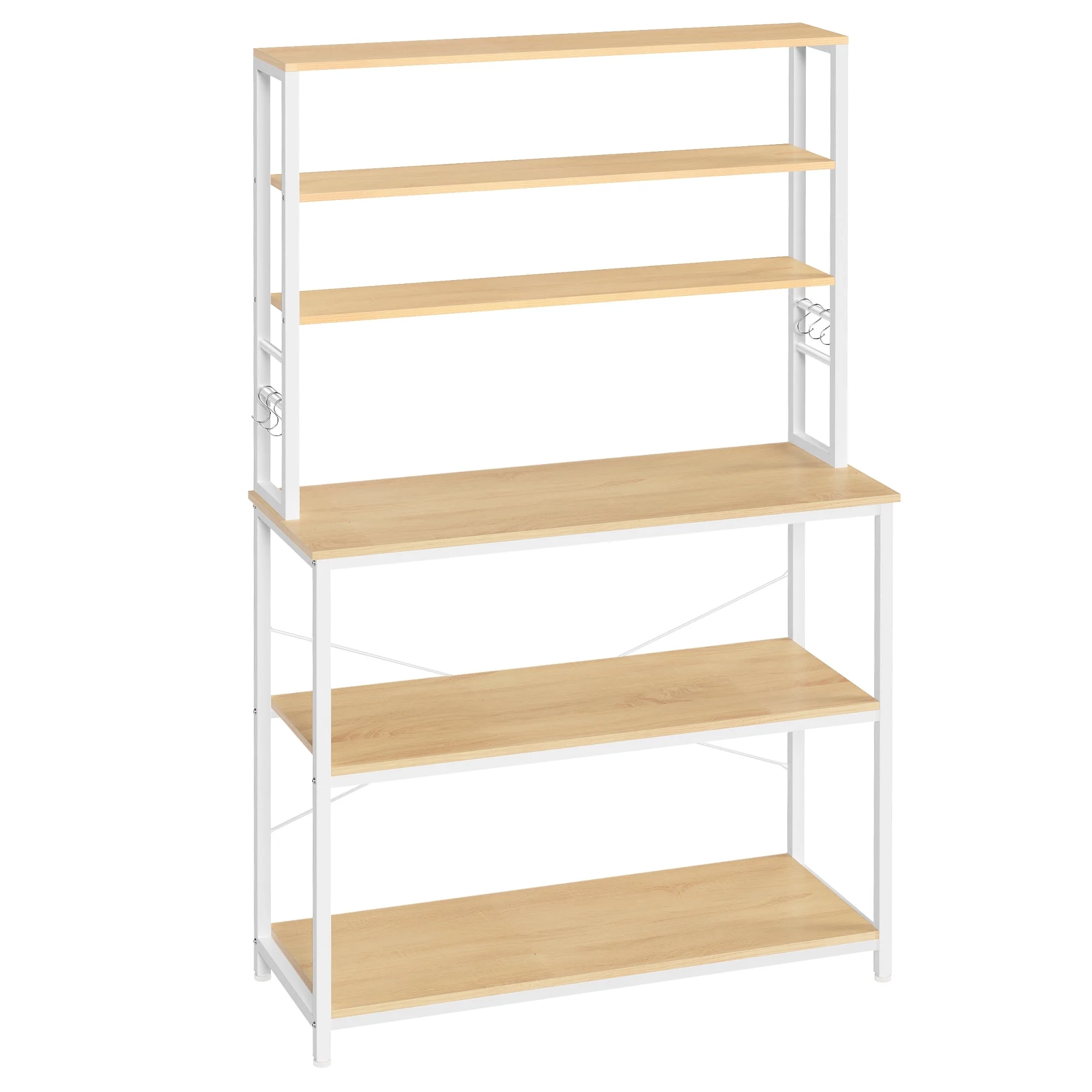 VASAGLE Coffee Bar Kitchen Baker’s Rack with Storage Storage Shelf Island with 6 Hooks Microwave Stand Oak and White