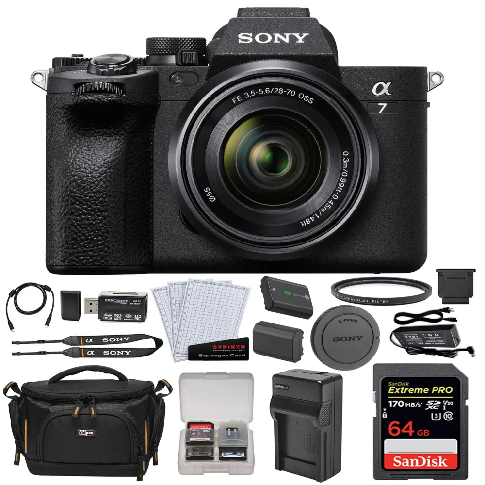 Sony Alpha a7 IV Mirrorless Digital Camera with 28-70mm Lens Bundle with 64GB Memory Card + NP-FZ100 Battery +K&M Battery Charger + Camera Case  + Universal LCD Screen Protectors + Memory Card Reader