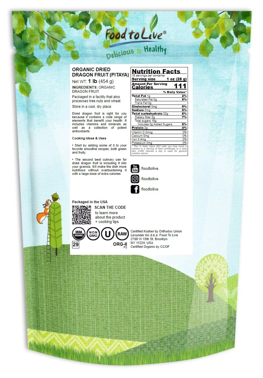 Organic Dried Red Dragon Fruit, 1 Pound – Non-GMO, Kosher – by Food to Live