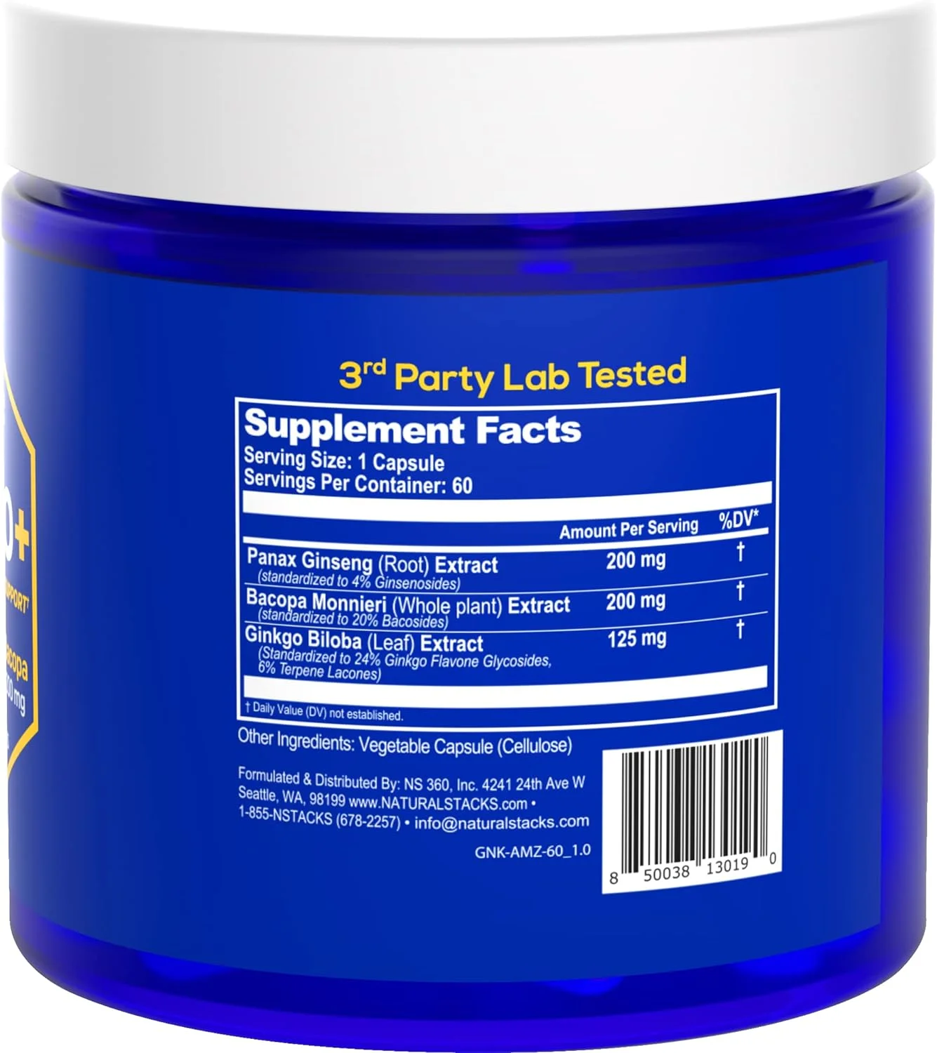 NATURAL STACKS Ginkgo Biloba Supplements w/Panax Ginseng and Bacopa Monnieri - Focus Supplement for Mental Performance, Brain Health Supplements for Adults, 60 Ginkgo Biloba Capsules