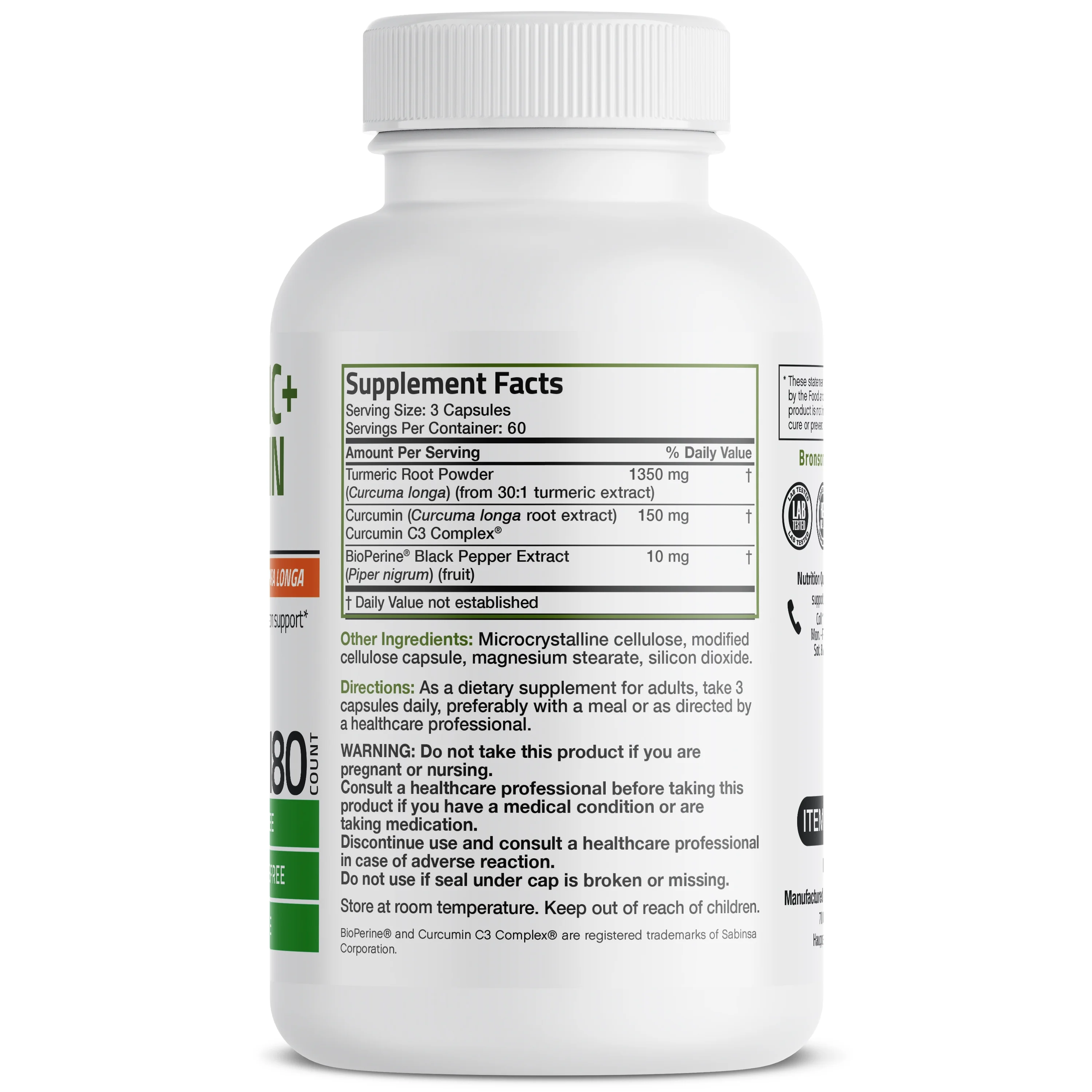 Bronson Turmeric Curcumin 1500 MG per Serving Antioxidant, Joint & Digestion Support with BioPerine, Non-GMO, 180 Vegetarian Capsules