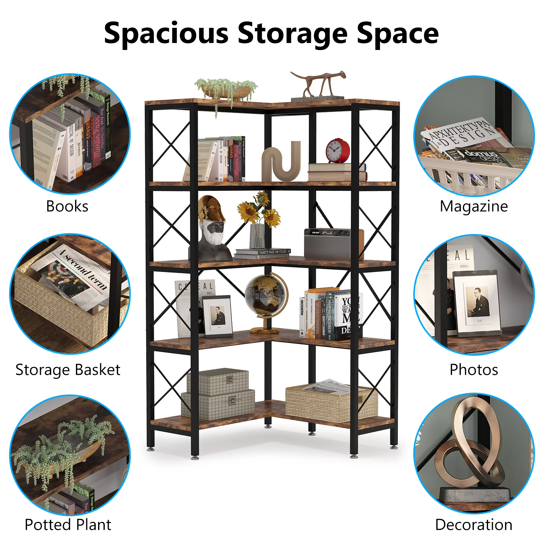 Tribesigns 5-Tier Bookshelf, Modern Corner Bookcase, Tall Corner Shelf Open Display Rack for Living Room Home Office, Rustic Brown