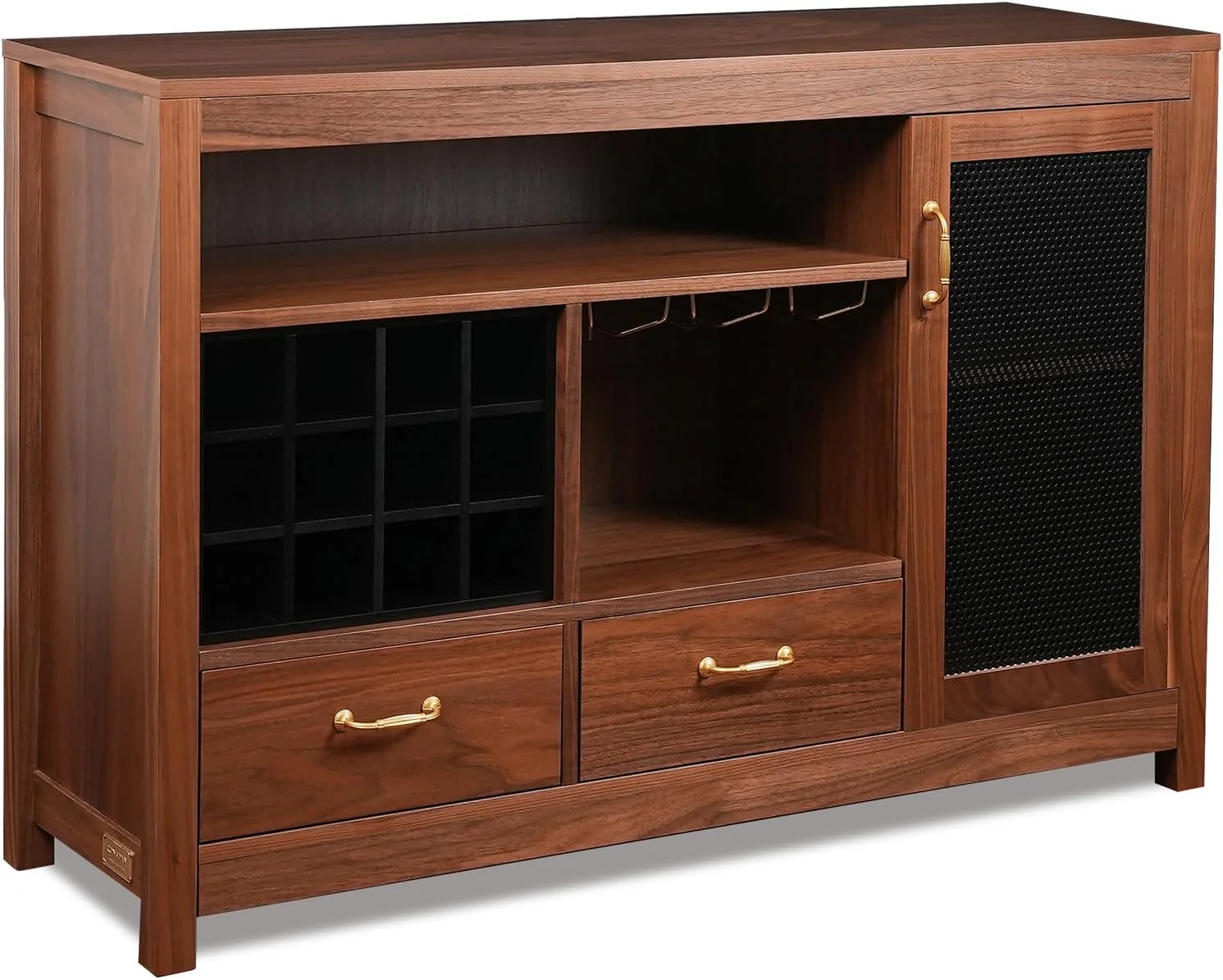 CONSDAN Bar Cabinet with Storage and Large Drawer, Solid Walnut Hardwood Structure Sideboard, Buffet Cabinet with Wine and Glass Rack, Coffee Bar for Living Room, Kitchen, Hallway