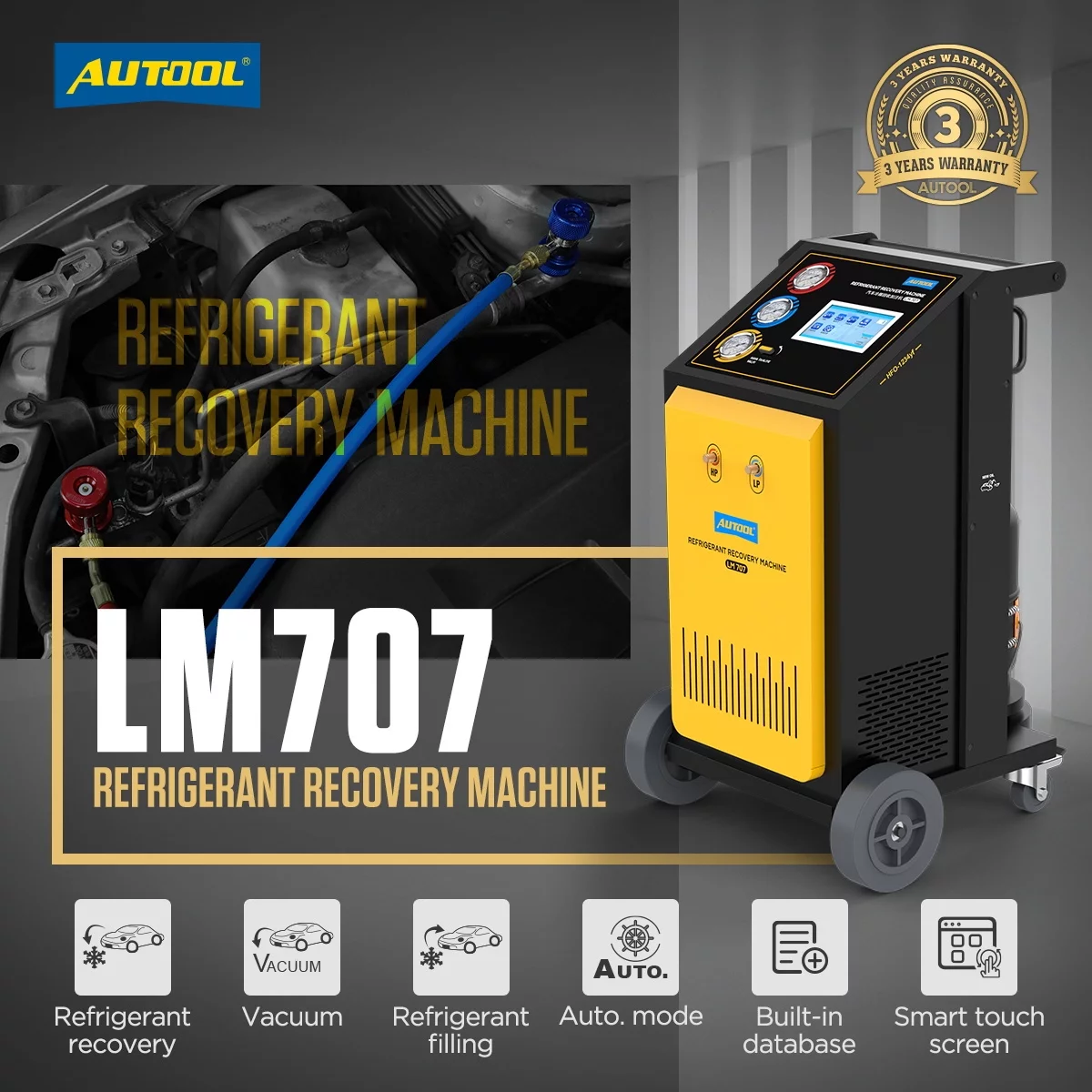 AUTOOL LM707 Automoatic AC Refrigerant Recharge Recovery Machine 3/8 HP Refrigerant Recovery Machine AC 110V 60Hz Refrigerant Recycle Filling Machine Fully Automatic for R134a R1234yf Car A/C Systems