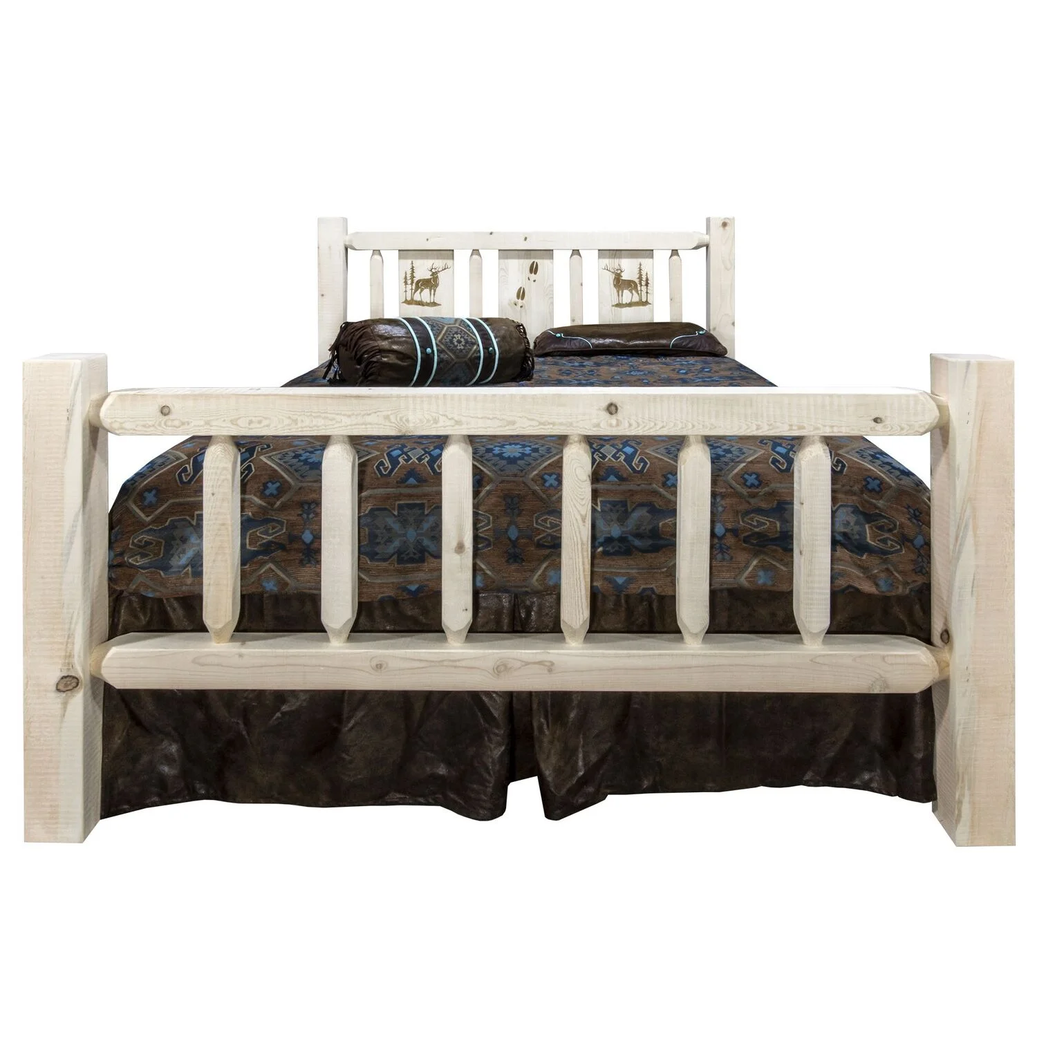 Homestead Collection Queen Bed w/ Laser Engraved Elk Design, Clear Lacquer Finish