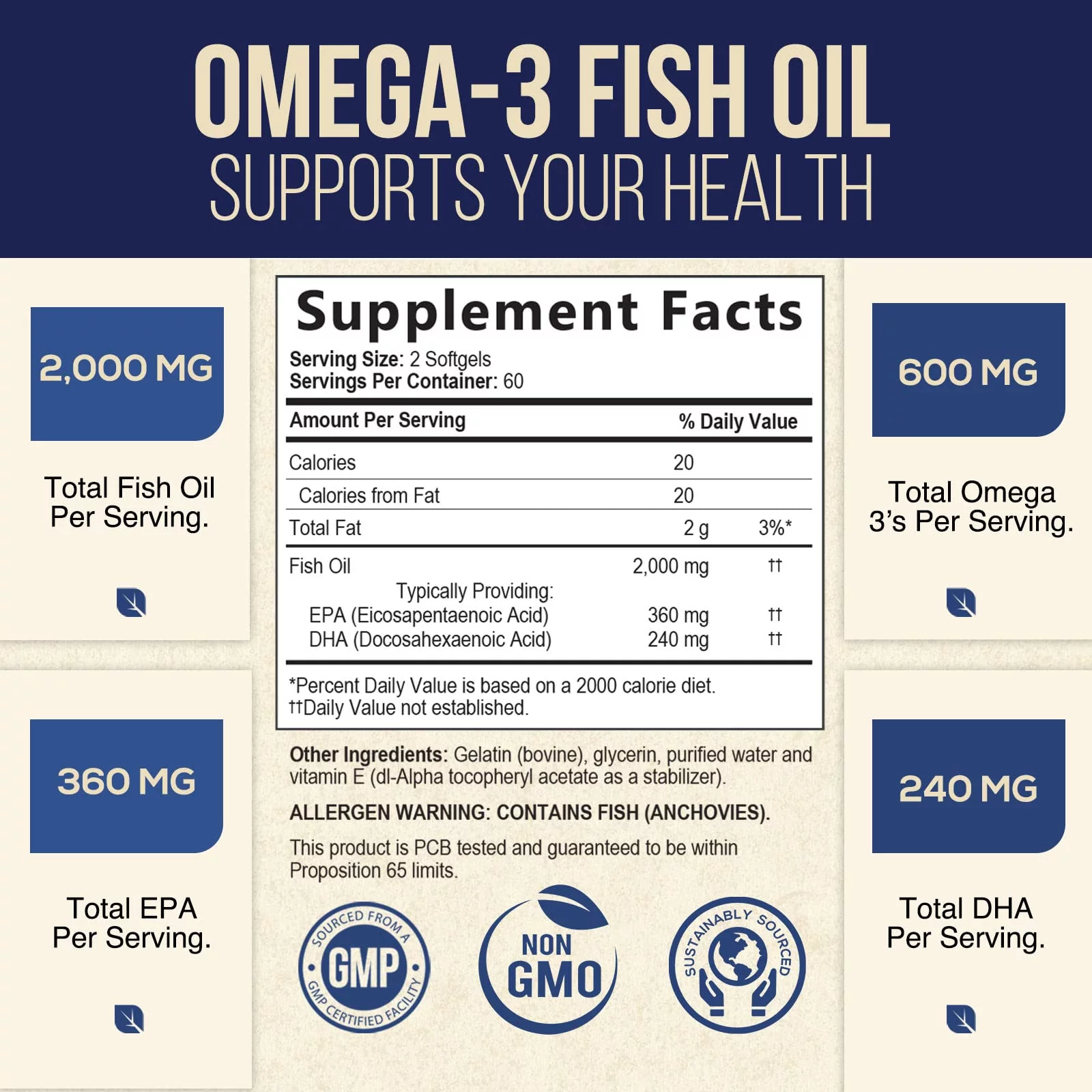 Triple Strength Omega 3 Fish Oil 2000 mg Softgels, Omega-3 Supplements, Brain & Heart Health Support - EPA & DHA, 1000 MG Fish Oil in Each Softgel, Fish Oil Supplement - 120 Fish Oil Softgels
