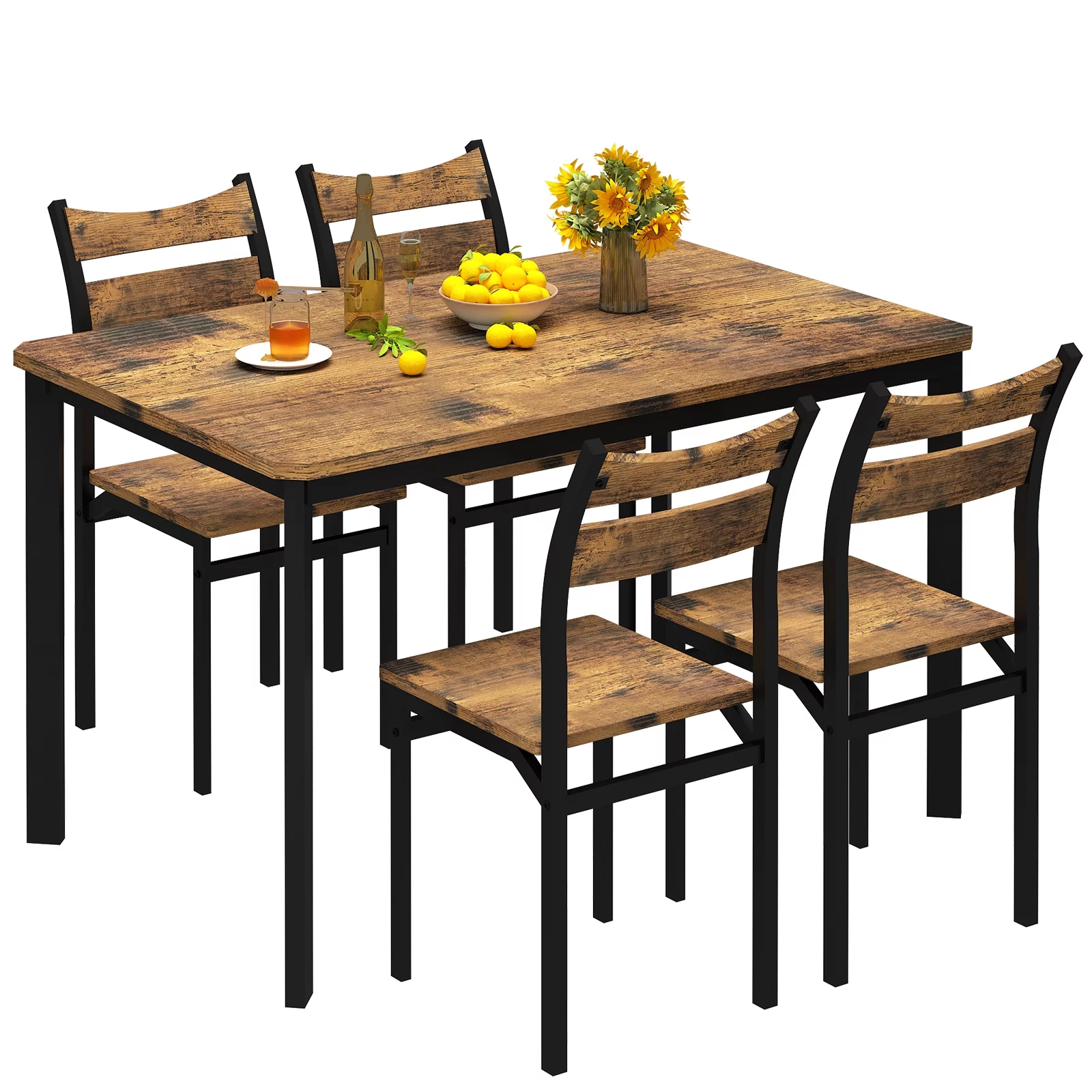 Recaceik Dining Table Set for 4, Dining Room Table Set with 4 Comfortable Chairs, 43 Inch Kitchen Table and Chairs Set for Small Space, Living Room, Breakfast Nook,Rustic Brown