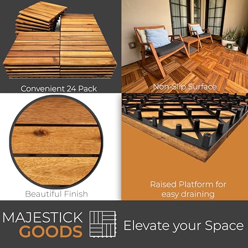 Interlocking Deck Tiles Snap Together Wood Flooring - 12 x 12 Acacia Hardwood Outdoor Flooring for Patio - Click Floor Decking Tile, Water Resistant Balcony Flooring, Wooden Parquet Flooring 24 Sq Ft